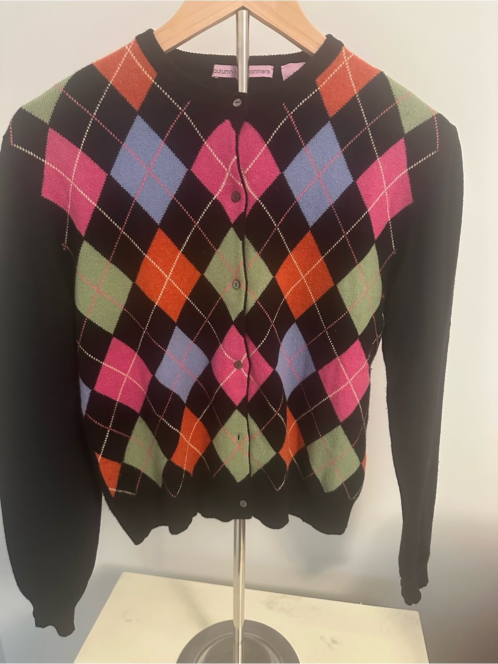 Argyle Cardigan Sweater Size M 100% cashmere Vintage